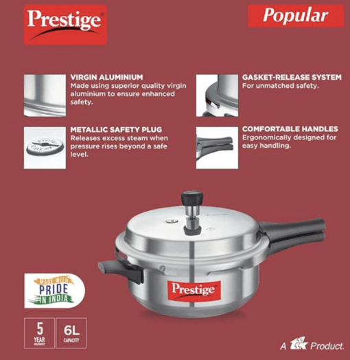 Prestige Popular Virgin Aluminium Senior Deep Pan Outer Lid Pressure Cooker, 6 L (Silver) - Image 4